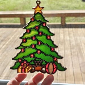 Vtg 80s Stained Glass Suncatcher Christmas Tree Ornament Hanging Window Art